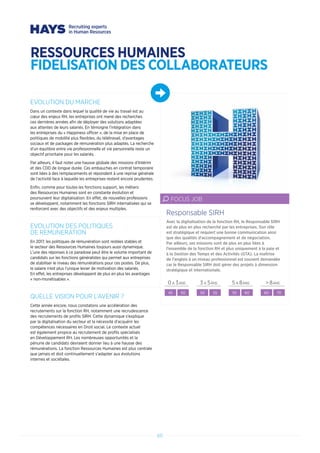 RESSOURCES HUMAINES
FIDELISATION DES COLLABORATEURS
60
EVOLUTION DU MARCHE
Dans un contexte dans lequel la qualité de vie au travail est au
cœur des enjeux RH, les entreprises ont mené des recherches
ces dernières années afin de déployer des solutions adaptées
aux attentes de leurs salariés. En témoigne l’intégration dans
les entreprises du « Happiness officer », de la mise en place de
politiques de mobilité plus flexibles, du télétravail, d’avantages
sociaux et de packages de rémunération plus adaptés. La recherche
d’un équilibre entre vie professionnelle et vie personnelle reste un
objectif prioritaire pour les salariés.
Par ailleurs, il faut noter une hausse globale des missions d’Intérim
et des CDD de longue durée. Ces embauches en contrat temporaire
sont liées à des remplacements et répondent à une reprise générale
de l’activité face à laquelle les entreprises restent encore prudentes.
Enfin, comme pour toutes les fonctions support, les métiers
des Ressources Humaines sont en constante évolution et
poursuivent leur digitalisation. En effet, de nouvelles professions
se développent, notamment les fonctions SIRH internalisées qui se
renforcent avec des objectifs et des enjeux multiples.
EVOLUTION DES POLITIQUES
DE REMUNERATION
En 2017, les politiques de rémunération sont restées stables et
le secteur des Ressources Humaines toujours aussi dynamique.
L’une des réponses à ce paradoxe peut être le volume important de
candidats sur les fonctions généralistes qui permet aux entreprises
de stabiliser le niveau des rémunérations pour ces postes. De plus,
le salaire n’est plus l’unique levier de motivation des salariés.
En effet, les entreprises développent de plus en plus les avantages
« non-monétisables ».
QUELLE VISION POUR L’AVENIR ?
Cette année encore, nous constatons une accélération des
recrutements sur la fonction RH, notamment une recrudescence
des recrutements de profils SIRH. Cette dynamique s’explique
par la digitalisation du secteur et la nécessité d’acquérir les
compétences nécessaires en Droit social. Le contexte actuel
est également propice au recrutement de profils spécialisés
en Développement RH. Les nombreuses opportunités et la
pénurie de candidats devraient donner lieu à une hausse des
rémunérations. La fonction Ressources Humaines est plus centrale
que jamais et doit continuellement s’adapter aux évolutions
internes et sociétales.
Avec la digitalisation de la fonction RH, le Responsable SIRH
est de plus en plus recherché par les entreprises. Son rôle
est stratégique et requiert une bonne communication ainsi
que des qualités d’accompagnement et de négociation.
Par ailleurs, ses missions sont de plus en plus liées à
l’ensemble de la fonction RH et plus uniquement à la paie et
à la Gestion des Temps et des Activités (GTA). La maîtrise
de l’anglais à un niveau professionnel est souvent demandée
car le Responsable SIRH doit gérer des projets à dimension
stratégique et internationale.
Responsable SIRH
FOCUS JOB
0 A 3ANS 3 A 5ANS 5 A 8ANS  8ANS
45 50 50 55 55 60 60 70
 