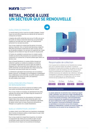 RETAIL, MODE  LUXE
UN SECTEUR QUI SE RENOUVELLE
64
EVOLUTION DU MARCHE
Le marché repart et met en avant de nouvelles stratégies. Chaque
maison de luxe affiche désormais son identité afin de valoriser la
richesse de son histoire.
L’exigence des profils recherchés s’est accrue. En effet, plus qu’un
bon profil, les maisons recherchent désormais une personnalité
capable de s’accorder avec leurs valeurs via l’investissement
personnel et un vrai plan de carrière.
Pour le mass market et le moyen/haut de gamme, le turnover
demeure important. Ainsi, le marché reste dynamique malgré les
difficultés économiques (notamment les plans sociaux) vécues
par de grandes enseignes. Ces dernières ont augmenté leur niveau
d’exigence afin de réduire le risque de recruter le mauvais profil.
A l’inverse, les candidats ne prennent plus en compte la partie
variable qui peut leur être proposée et se concentrent souvent
uniquement sur la partie fixe, le marché du Retail ayant ralenti ces
derniers mois.
Dans la Grande Distribution, le nombre d’offres d’emploi est
nettement supérieur au nombre de candidats en recherche.
Les enseignes modernisent leur service clients de qualité et
élargissent leur offre de produits frais traditionnels. Ainsi, les
profils recherchés sont des spécialistes des métiers de bouche.
Ces derniers sont aussi les plus rares sur le marché.
La Distribution spécialisée reste dynamique avec de nombreux
postes à pourvoir. Les Managers qui accompagnent et développent
leurs collaborateurs sont recherchés. Les profils d’experts produits
sont également très prisés pour offrir une expérience
de vente inédite à leurs clients.
EVOLUTION DES POLITIQUES
DE REMUNERATION
Dans le secteur du Luxe, afin de conserver les meilleurs profils,
nous notons une harmonie des salaires entre les maisons.
Pour le mass market, les enseignes ont généralement des grilles
salariales très précises avec une faible marge de manœuvre en
termes de négociation.
Dans la Grande Distribution, les rémunérations ont tendance à
stagner depuis deux ans mais restent attractives grâce à des
systèmes de primes motivants et dans la Distribution spécialisée,
les salaires varient selon le niveau d’autonomie demandé aux
Managers sur la gestion d’un compte d’exploitation.
QUELLE VISION POUR L’AVENIR ?
La relation clients (via le CRM) prend une importance considérable
dans le secteur et plusieurs postes se créent autour du sujet. Cette
tendance devrait se poursuivre.
Pour le mass market et le moyen/haut de gamme, on constate
un engouement des clients pour les achats en ligne. On peut
se demander quelles seront les limites du développement du
E-commerce et son impact sur les ouvertures de boutiques.
Il est le garant de la cohérence et de l’identité de la marque
pour une ou plusieurs lignes de produits. Il oriente et
coordonne le travail entre les studios, les ateliers et les Chefs
de produits à partir des tendances de mode pour la saison
jusqu’à la présentation de la collection aux Acheteurs. Il
contrôle le processus de réalisation des collections. Véritable
coordinateur et animateur d’équipes internes et externes,
ce profil est également un fin négociateur tant au niveau
commercial que qualitatif avec les fournisseurs.
Responsable de collection
FOCUS JOB
0 A 3ANS 3 A 5ANS 5 A 8ANS  8ANS
40 50 50 70 70 90  90
Le volume global des recrutements reste constant par rapport
à 2016. Cependant, nous observons un léger rééquilibrage des
fourchettes de rémunération entre les métropoles et les bassins
à moins forte densité économique. Cette homogénéisation
concerne notamment les compétences pénuriques (gestion
de rayons traditionnels en GSA ou plurilinguisme en PAP
haut de gamme). Concernant la Distribution (alimentaire
ou spécialisée), la concurrence accrue entre enseignes
intégrées et indépendantes a entraîné une hausse sensible des
rémunérations sur les postes de top management (+8%).
FOCUS REGIONS
 