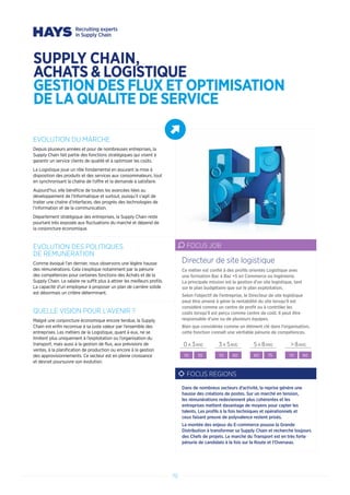 70
EVOLUTION DU MARCHE
Depuis plusieurs années et pour de nombreuses entreprises, la
Supply Chain fait partie des fonctions stratégiques qui visent à
garantir un service clients de qualité et à optimiser les coûts.
La Logistique joue un rôle fondamental en assurant la mise à
disposition des produits et des services aux consommateurs, tout
en synchronisant la chaîne de l’offre et la demande à satisfaire.
Aujourd’hui, elle bénéficie de toutes les avancées liées au
développement de l’Informatique et surtout, puisqu’il s’agit de
traiter une chaîne d’interfaces, des progrès des technologies de
l’information et de la communication.
Département stratégique des entreprises, la Supply Chain reste
pourtant très exposée aux fluctuations du marché et dépend de
la conjoncture économique.
EVOLUTION DES POLITIQUES
DE REMUNERATION
Comme évoqué l’an dernier, nous observons une légère hausse
des rémunérations. Cela s’explique notamment par la pénurie
des compétences pour certaines fonctions des Achats et de la
Supply Chain. Le salaire ne suffit plus à attirer les meilleurs profils.
La capacité d’un employeur à proposer un plan de carrière solide
est désormais un critère déterminant.
QUELLE VISION POUR L’AVENIR ?
Malgré une conjoncture économique encore tendue, la Supply
Chain est enfin reconnue à sa juste valeur par l’ensemble des
entreprises. Les métiers de la Logistique, quant à eux, ne se
limitent plus uniquement à l’exploitation ou l’organisation du
transport, mais aussi à la gestion de flux, aux prévisions de
ventes, à la planification de production ou encore à la gestion
des approvisionnements. Ce secteur est en pleine croissance
et devrait poursuivre son évolution.
Ce métier est confié à des profils orientés Logistique avec
une formation Bac à Bac +5 en Commerce ou Ingénierie.
La principale mission est la gestion d’un site logistique, tant
sur le plan budgétaire que sur le plan exploitation.
Selon l’objectif de l’entreprise, le Directeur de site logistique
peut être amené à gérer la rentabilité du site lorsqu’il est
considéré comme un centre de profit ou à contrôler les
coûts lorsqu’il est perçu comme centre de coût. Il peut être
responsable d’une ou de plusieurs équipes.
Bien que considérée comme un élément clé dans l’organisation,
cette fonction connaît une véritable pénurie de compétences.
Directeur de site logistique
FOCUS JOB
0 A 3ANS 3 A 5ANS 5 A 8ANS  8ANS
50 55 55 60 60 75 70 90
FOCUS REGIONS
Dans de nombreux secteurs d’activité, la reprise génère une
hausse des créations de postes. Sur un marché en tension,
les rémunérations redeviennent plus cohérentes et les
entreprises mettent davantage de moyens pour capter les
talents. Les profils à la fois techniques et opérationnels et
ceux faisant preuve de polyvalence restent prisés.
La montée des enjeux du E-commerce pousse la Grande
Distribution à transformer sa Supply Chain et recherche toujours
des Chefs de projets. Le marché du Transport est en très forte
pénurie de candidats à la fois sur la Route et l’Overseas.
SUPPLY CHAIN,
ACHATS  LOGISTIQUE
GESTION DES FLUX ET OPTIMISATION
DE LA QUALITE DE SERVICE
 