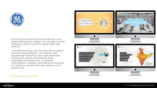 4
8
48
Scroll et snack content vont souvent de pair, ce qui
semble effectivement logique : sur une page en scroll,
l’utilisateur s’attend à peu de contenus texte mais
pertinent.
C’est effectivement le cas à nouveau dans le rapport
annuel de General Electric : les contenus texte
proposés par l’annonceur sont courts, impactants
tandis que les visuels sont immersifs et les infographies
pertinentes avec un minimum d’informations.
L’utilisateur peut aisément consommer ce contenu en
une fois entre deux réunions ou en plusieurs fois.
http://www.ge.com/ar2015/
 