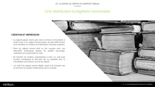 7
6
Une distribution budgétaire horizontale
03 / LE DIGITAL AU SERVICE DU RAPPORT ANNUEL
CRÉATION ET IMPRESSION
/ Le rapport papier lourd, sans mise en forme et monotone
a cédé le pas à un rapport annuel papier de plus belle
facture où la narration, la création et la fabrication sont
plus soignées.
/ Faire du rapport annuel print un bel ouvrage avec une
fabrication audacieuse (papier de qualité, façonnage,
contenant, etc.) représente un coût.
/ En fonction du nombre d’exemplaires à tirer, ce coût peut
s’avérer conséquent et doit être mis en parallèle avec la
consultation et la lecture au réel du rapport.
/ Le coût d’un rapport annuel digital, quant à lui n’évolue
pas en fonction du nombre d’internautes qui le consulte.
76
 