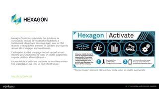 8
8
88
“Trigger Image”, élément déclencheur de la vidéo en
réalité augmentée
Hexagon Solutions, spécialiste des solutions de
conception, mesure et visualisation high-tech, a
habillement intégré une interview vidéo avec le PDG
illustrée d’infographies animées en 3D dans leur rapport
annuel afin d’engager les investisseurs.
L’entreprise a utilisé une page de son rapport annuel
imprimé pour déclencher la vidéo en réalité augmentée
inspirée du film « Minority Report ».
Le résultat de la vidéo est une série de modèles animés
très sophistiqués qui crée un réel intérêt visuel.
http://bit.ly/2jwNcmB
 