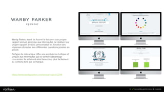 9
3
93
Warby Parker, avant de fournir le lien vers son propre
rapport annuel, propose aux internautes de réaliser leur
propre rapport annuel, personnalisé en fonction des
réponses données aux différentes questions posées en
amont.
Ce type de mécanique offre une expérience ludique et
unique aux internautes qui se sentent davantage
concernés. Ils adhérent ainsi beaucoup plus facilement
au contenu livré par la marque.
https://www.warbyparker.com/annual-report-2014
 