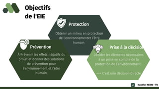 Objectifs
de l'EIE
Obtenir un milieu en protection

de l’environnementet l’être

humain
Protection
Prévention
À Prévenir les effets négatifs du

projet et donner des solutions

de prévention pour

l’environnement et l’être

humain.
Prise à la décision
Décider les éléments nécessaires

à un prise en compte de la

protection de l’environnement.


==> C’est une décision directe


Kawther MEKNI -TN
 