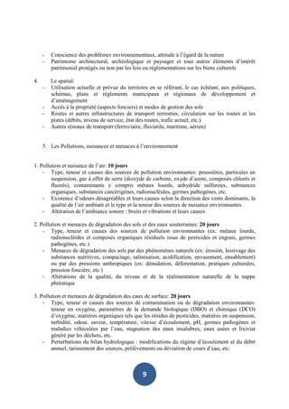 -   Conscience des problèmes environnementaux, attitude à l’égard de la nature
     -   Patrimoine architectural, archéologique et paysager et tous autres éléments d’intérêt
         patrimonial protégés ou non par les lois ou réglementations sur les biens culturels

4.       Le spatial:
     -   Utilisation actuelle et prévue du territoire en se référant, le cas échéant, aux politiques,
         schémas, plans et règlements municipaux et régionaux de développement et
         d’aménagement
     -   Accès à la propriété (aspects fonciers) et modes de gestion des sols
     -   Routes et autres infrastructures de transport terrestres, circulation sur les routes et les
         pistes (débits, niveau de service, état des routes, trafic actuel, etc.)
     -   Autres réseaux de transport (ferroviaire, fluviatile, maritime, aérien)


     5. Les Pollutions, nuisances et menaces à l’environnement


1. Pollution et nuisance de l’air: 10 jours
    - Type, teneur et causes des sources de pollution environnantes: poussières, particules en
        suspension, gaz à effet de serre (dioxyde de carbone, oxyde d’azote, composés chlorés et
        fluorés), contaminants y compris métaux lourds, anhydride sulfureux, substances
        organiques, substances cancérigènes, radionucléides, germes pathogènes, etc.
    - Existence d’odeurs désagréables et leurs causes selon la direction des vents dominants, la
        qualité de l’air ambiant et le type et la teneur des sources de nuisance environnantes
    - Altération de l’ambiance sonore : bruits et vibrations et leurs causes

2. Pollution et menaces de dégradation des sols et des eaux souterraines: 20 jours
    - Type, teneur et causes des sources de pollution environnantes (ex: métaux lourds,
        radionucléides et composés organiques résiduels issus de pesticides et engrais, germes
        pathogènes, etc.)
    - Menaces de dégradation des sols par des phénomènes naturels (ex: érosion, lessivage des
        substances nutritives, compactage, salinisation, acidification, envasement, ensablement)
        ou par des pressions anthropiques (ex: dénudation, déforestation, pratiques culturales,
        pression foncière, etc.)
    - Altérations de la qualité, du niveau et de la réalimentation naturelle de la nappe
        phréatique

3. Pollution et menaces de dégradation des eaux de surface: 20 jours
    - Type, teneur et causes des sources de contamination ou de dégradation environnantes:
        teneur en oxygène, paramètres de la demande biologique (DBO) et chimique (DCO)
        d’oxygène, matières organiques tels que les résidus de pesticides, matières en suspension,
        turbidité, odeur, saveur, température, vitesse d’écoulement, pH, germes pathogènes et
        maladies véhiculées par l’eau, stagnation des eaux insalubres, eaux usées et lixiviat
        généré par les déchets, etc.
    - Perturbations du bilan hydrologique : modifications du régime d’écoulement et du débit
        annuel, tarissement des sources, prélèvements ou déviation de cours d’eau, etc.



                                                  9
 