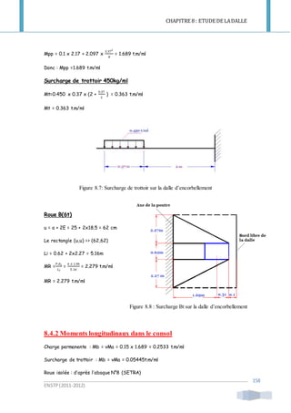 CHAPITRE 8 : ETUDE DE LADALLE
ENSTP(2011-2012)
158
Mpp = 0.1 x 2.17 + 2.097 x
2.372
8
= 1.689 t.m/ml
Donc : Mpp =1.689 t.m/ml
Surcharge de trottoir 450kg/ml
Mt=0.450 x 0.37 x (2 +
0.37
2
) = 0.363 t.m/ml
Mt = 0.363 t.m/ml
Figure 8.7: Surcharge de trottoir sur la dalle d’encorbellement
Roue B(6t)
u = a + 2E = 25 + 2x18.5 = 62 cm
Le rectangle (u,u) => (62,62)
Li = 0.62 + 2x2.27 = 5.16m
MR =
𝑃.𝑑 𝑖
𝐿 𝑖
=
6 𝑥 1.96
5.16
= 2.279 t.m/ml
MR = 2.279 t.m/ml
Figure 8.8 : Surcharge Bt sur la dalle d’encorbellement
8.4.2 Moments longitudinaux dans le consol
Charge permanente : Mb = vMa = 0.15 x 1.689 = 0.2533 t.m/ml
Surcharge de trottoir : Mb = vMa = 0.05445t.m/ml
Roue isolée : d’après l’abaque N°8 (SETRA)
 