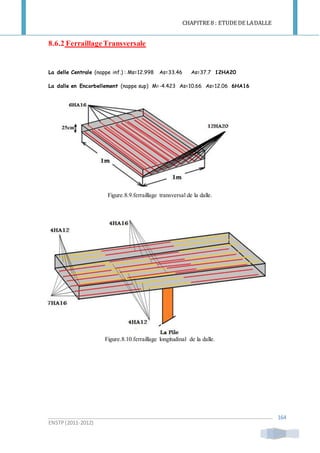 CHAPITRE 8 : ETUDE DE LADALLE
ENSTP(2011-2012)
164
8.6.2 FerraillageTransversale
La delle Centrale (nappe inf.) : Ms=12.998 As=33.46 As=37.7 12HA20
La dalle en Encorbellement (nappe sup) M=-4.423 As=10.66 As=12.06 6HA16
Figure.8.9.ferraillage transversal de la dalle.
Figure.8.10.ferraillage longitudinal de la dalle.
 