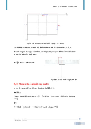 CHAPITRE 8 : ETUDE DE LADALLE
ENSTP(2011-2012)
156
Figure 8.4: Moments de continuité « Mcp » et « Mce »
Les moments cités sont obtenus par les abaques SETRA en fonction de E, A, a, b
A : demi-largeur de l’appui constituée par une poutre principale en l’occurrence la demi-
largeur de la semelle supérieure.
A =
500
2
+ 50 = 300 mm = 0.3 m
Figure 8.5 : La demi-largeur « A »
8.3.1 Momentde continuité sur poutre
Le cas de charge défavorable est donné par MC120 et Bt.
MC120 :
L’impact de MC120 est 6.1x1 ; A = 0.3 ; E = 18.5cm ; b = ∞ =>Mcp = 2.20t.m/ml (Abaque
N°27)
Bt :
A = 0.3 ; E = 18.5cm ; b = ∞ =>Mcp = 2.03t.m/ml (Abaque N°10)
 