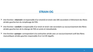 55
STRAIN OG
 Une fonction «réservoir» n responsable d’un strain(S) et strain rate (SR) secondaire à l’étirement des fibres
atriales gauches lors du remplissage de l’OG.
 Une fonction «conduit» v responsable d’un strain et strain rate secondaire au raccourcissement des fibres
atriales gauches lors de la vidange de l’OG en proto et mésodiastole.
 Une fonction «pompe» correspondant à la contraction atriale avec un raccourcissement actif des fibres
myocardiques atriales gauches responsable d’un S et SR négatifs.
 