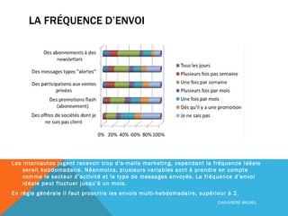 LA FRÉQUENCE D’ENVOI Les internautes jugent recevoir trop d’e-mails marketing, cependant la fréquence idéale serait hebdomadaire. Néanmoins, plusieurs variables sont à prendre en compte comme le secteur d’activité et le type de messages envoyés. La fréquence d’envoi idéale peut fluctuer jusqu’à un mois. En règle générale il faut proscrire les envois multi-hebdomadaire, supérieur à 2. CHAUVIERE MICHEL 