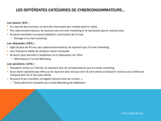 LES DIFFÉRENTES CATÉGORIES DE CYBERCONSOMMATEURS… Les basics (6%) :  En majorité des hommes, ce sont des internautes peu investis dans le média. Peu cyberconsommateurs, ils reçoivent peu d’e-mail marketing et ne souhaitent pas en recevoir plus. Ils seront sensibles à la personnalisation (nominative) de l’e-mail. Etranger à l’e-mail marketing Les dépassés (28%) :  Agés de plus de 40 ans, peu cyberconsommateurs, ils reçoivent peu d’e-mail marketing. Leur fréquence idéale de réception serait mensuelle. Ils seront plus attentifs à l’expéditeur et à l’adéquation de l’offre. Réfractaires à l’e-mail Marketing Les satisfaits (15%) :  Population active sur internet, ils reçoivent plus de correspondance que d’e-mails marketing. Ils se disent satisfaits des offres qu’ils reçoivent des marques dont ils sont clients et déclarent recevoir peu d’offres de marques dont ils ne sont pas clients. Ils jouent le jeu (transfère, enregistre dans la boite de contact…) Particulièrement réceptifs aux e-mails Marketing de fidélisation CHAUVIERE MICHEL 