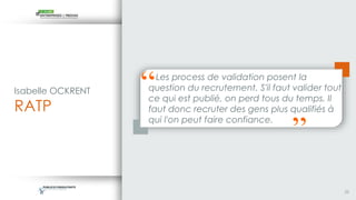 22
Isabelle OCKRENT
RATP
Les process de validation posent la
question du recrutement. S'il faut valider tout
ce qui est pu...