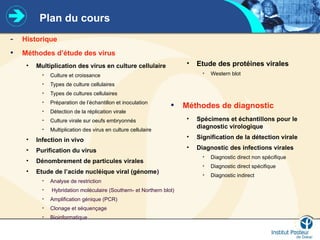 Plan du cours
- Historique
• Méthodes d’étude des virus
• Multiplication des virus en culture cellulaire
• Culture et croissance
• Types de culture cellulaires
• Types de cultures cellulaires
• Préparation de l’échantillon et inoculation
• Détection de la réplication virale
• Culture virale sur oeufs embryonnés
• Multiplication des virus en culture cellulaire
• Infection in vivo
• Purification du virus
• Dénombrement de particules virales
• Etude de l’acide nucléique viral (génome)
• Analyse de restriction
• Hybridation moléculaire (Southern- et Northern blot)
• Amplification génique (PCR)
• Clonage et séquençage
• Bioinformatique
• Etude des protéines virales
• Western blot
• Méthodes de diagnostic
• Spécimens et échantillons pour le
diagnostic virologique
• Signification de la détection virale
• Diagnostic des infections virales
• Diagnostic direct non spécifique
• Diagnostic direct spécifique
• Diagnostic indirect
 