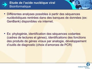 Etude de l’acide nucléique viral
Bioinformatique
• Différentes analyses possibles à partir des séquences
nucléotidiques rentrées dans des banques de données (ex:
GenBank) disponibles via internet.
• Ex: phylogénie, identification des séquences codantes
(cadres de lectures et gènes), identifications des fonctions
des produits de gènes viraux par analogie, développement
d’outils de diagnostic (choix d’amorces de PCR)
 