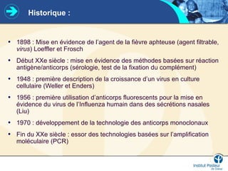 Historique :
• 1898 : Mise en évidence de l’agent de la fièvre aphteuse (agent filtrable,
virus) Loeffler et Frosch
• Début XXe siècle : mise en évidence des méthodes basées sur réaction
antigène/anticorps (sérologie, test de la fixation du complément)
• 1948 : première description de la croissance d’un virus en culture
cellulaire (Weller et Enders)
• 1956 : première utilisation d’anticorps fluorescents pour la mise en
évidence du virus de l’Influenza humain dans des sécrétions nasales
(Liu)
• 1970 : développement de la technologie des anticorps monoclonaux
• Fin du XXe siècle : essor des technologies basées sur l’amplification
moléculaire (PCR)
 