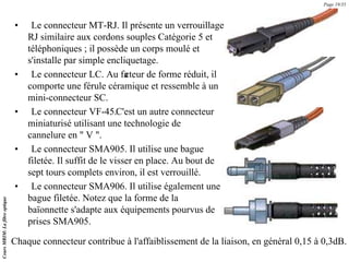 • Le connecteur MT-RJ. Il présente un verrouillage
RJ similaire aux cordons souples Catégorie 5 et
téléphoniques ; il possède un corps moulé et
s'installe par simple encliquetage.
• Le connecteur LC. Au fa
cteur de forme réduit, il
comporte une férule céramique et ressemble à un
mini-connecteur SC.
• Le connecteur VF-45.C'est un autre connecteur
miniaturisé utilisant une technologie de
cannelure en " V ".
• Le connecteur SMA905. Il utilise une bague
filetée. Il suffit de le visser en place. Au bout de
sept tours complets environ, il est verrouillé.
• Le connecteur SMA906. Il utilise également une
bague filetée. Notez que la forme de la
baïonnette s'adapte aux équipements pourvus de
prises SMA905.
Chaque connecteur contribue à l'affaiblissement de la liaison, en général 0,15 à 0,3dB.
Page 19/35
Cours
MRIM:
La
fibre
optique
 