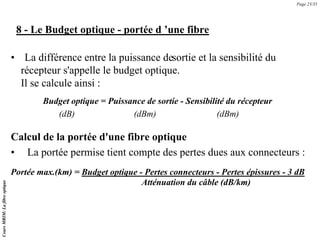 • La différence entre la puissance desortie et la sensibilité du
récepteur s'appelle le budget optique.
Il se calcule ainsi :
Budget optique = Puissance de sortie - Sensibilité du récepteur
(dB) (dBm) (dBm)
Calcul de la portée d'une fibre optique
• La portée permise tient compte des pertes dues aux connecteurs :
Portée max.(km) = Budget optique - Pertes connecteurs - Pertes épissures - 3 dB
Atténuation du câble (dB/km)
Page 23/35
Cours
MRIM:
La
fibre
optique
8 - Le Budget optique - portée d ’une fibre
 