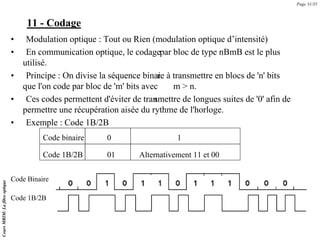 11 - Codage
• Modulation optique : Tout ou Rien (modulation optique d’intensité)
• En communication optique, le codagepar bloc de type nBmB est le plus
utilisé.
• Principe : On divise la séquence binai
re à transmettre en blocs de 'n' bits
que l'on code par bloc de 'm' bits avec m > n.
• Ces codes permettent d'éviter de tran
smettre de longues suites de '0' afin de
permettre une récupération aisée du rythme de l'horloge.
• Exemple : Code 1B/2B
Code binaire 0 1
Code 1B/2B 01 Alternativement 11 et 00
Code Binaire
Code 1B/2B
Page 31/35
Cours
MRIM:
La
fibre
optique
 