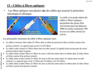 13 - Câbles à fibres optiques
• Les fibres optiques sont placées da
ns des câbles qui assurent la protection
mécanique et chimique.
La taille et le poids réduit des
câbles à fibres optiques
permettent des poses d'un
seul tenant pouvant dépasser
4800 m contre seulement 300
m avec un câble coaxial en
cuivre.
Les principales structures de câble à fibres optiques sont :
• Le câble à structure libre tubée ('n' fibres dans m tubes de protection libre en hélice autour d'un
porteur central). La capacité type est de 2 à 432 fibres.
• Le câble à tube central ('n' fibres libres dans un tube central, la rigidité étant assurée par des mini-
porteurs placés dans la gaine).
• Le câble ruban à tubes libres ('n' fibres les unes à côté des autres dans m rubans dans 'p' tubes libres
en hélice autour d'un porteur central).
• Le câble ruban à tube central ('n' fibres les unes à côté des autres dans 'm' rubans dans un tube
central). La capacité type est de 12 fibres par 18 rubans, soit 216 fibres.
• Le câble ruban à tubes libres ('n' fibres les unes à côté des autres dans m rubans dans 'p' tubes libres
en hélice autour d'un porteur central).
Cours
MRIM:
La
fibre
optique
Page 34/35
 