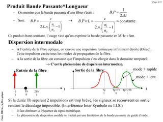 – On montre que la bande passante d'une fibre s'écrit :
– Soit: →
t
P
B
Δ
=
.
2
1
.
⎟
⎟
⎠
⎞
⎜
⎜
⎝
⎛
−
=
1
.
.
.
2
.
2
1
1
n
n
n
L
c
P
B constante
1
.
.
2
.
2
1
1
=
⎟
⎟
⎠
⎞
⎜
⎜
⎝
⎛
−
=
×
n
n
n
c
L
P
B
0
1
Tb
0
2Tb
1
t
Entrée de la fibre
Tp
1
Tp+Tb
0
Tp+2Tb
1
t
mode + rapide
mode + lent
Sortie de la fibre
Cours
MRIM:
La
fibre
optique
– A l’entrée de la fibre optique, on envoie une impulsion lumineuse infiniment étroite (Dirac).
Cette impulsion excite tous les modes de propagation de la fibre.
– A la sortie de la fibre, on constate que l’impulsion s’est élargie dans le domaine temporel:
→ C’est le phénomène de dispersion intermodale.
Si la durée Tb séparant 2 impulsions est trop brève, les signaux se recouvrent en sortie
rendant le décodage impossible. (Interférence Inter Symbole ou I.I.S.)
– Il faut diminuer la fréquence du signal numérique.
– Le phénomène de dispersion modale se traduit par une limitation de la bande passante du guide d’onde.
Produit Bande Passante*Longueur
Ce produit étant constant, l’usage veut qu’on exprime la bande passante en MHz × km.
Dispersion intermodale
Page 8/35
 