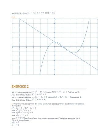 sur ]0;2[ ]2;     [:

2. d)




EXERCICE 2
Soit (C) courbe d'équation                      . Posons                        définie sur   .
  est dérivable sur    donc                     .
Soit (C') courbe d'équation                         . Posons                        définie sur    .
  est dérivable sur    donc                 .

1. Déterminer les coordonnées des points communs à (C) et (C') revient à déterminer les solutions
de l'équation :




Ainsi,             et (C) et (C') ont deux points communs      et   d'abscisse respective 0 et 1
Calcul de leur ordonnée :
 