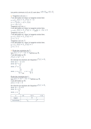 Les points communs à (C) et (C') sont donc                   et   .

2. Tangente à (C) en :
  est dérivable en 0 donc la tangente existe bien
       ;              ;

               .
Tangente à (C') en :
  est dérivable en 0 donc la tangente existe bien.
       ;            ;              [nl
Tangente à (C) en :
  est dérivable en 1 donc la tangente existe bien.
       ;              ;

Tangente à (C') en :
  est dérivable en 1 donc la tangente existe bien.
       ;              ;


3. Étude des variations de        :
Soit                              définie sur    .
  est dérivable sur       .


On cherche les solutions de l'équation                   :




                 ou

Étude des variations de       :
Soit                               définie sur       .
  est dérivable sur       .


On cherche les solutions de l'équation                   :
 
