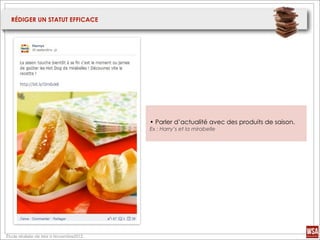 RÉDIGER UN STATUT EFFICACE




                                        • Parler d’actualité avec des produits de saison.
                                        Ex : Harry’s et la mirabelle




Étude réalisée de Mai à Novembre2012.
 