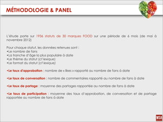 MÉTHODOLOGIE & PANEL



L’étude porte sur 1936 statuts de 30 marques FOOD sur une période de 6 mois (de mai à
novembre 2012)

Pour chaque statut, les données retenues sont :
•Le nombre de fans
•La tranche d’âge la plus populaire à date
•Le thème du statut (cf lexique)
•Le format du statut (cf lexique)

•Le taux d'approbation : nombre de « likes » rapporté au nombre de fans à date

•Le taux de conversation : nombre de commentaires rapporté au nombre de fans à date

•Le taux de partage : moyenne des partages rapportée au nombre de fans à date

•Le taux de participation  : moyenne des taux d’approbation, de conversation et de partage
rapportée au nombre de fans à date
 