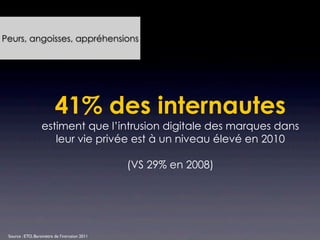 Peurs, angoisses, appréhensions




                          41% des internautes
                  estiment que l’intrusion digitale des marques dans
                     leur vie privée est à un niveau élevé en 2010

                                               (VS 29% en 2008)




 Source : ETO, Baromètre de l’intrusion 2011
 