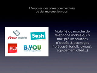 #Proposer des offres commerciales
    ou des marques low-cost




                  Maturité du marché du
                  téléphone mobile qui a
                    multiplié les solutions
                   d’accés & packages
                ( prépayé, forfait, lowcost,
                   équipement offert...)
 