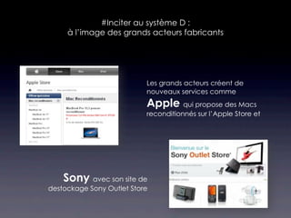 #Inciter au système D :
     à l’image des grands acteurs fabricants




                           Les grands acteurs créent de
                           nouveaux services comme
                           Apple qui propose des Macs
                           reconditionnés sur l’Apple Store et




    Sony avec son site de
destockage Sony Outlet Store
 