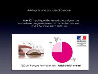 #Adopter une posture citoyenne


 Mars 2011, politique RSA, les opérateurs signent un
accord avec le gouvernement et mettent en place un
          Forfait Social Mobile à 10€/mois




  75% des français favorables à un Forfait Social Internet
 