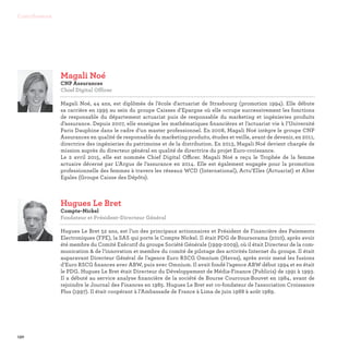 130
Contributeurs
Hugues	Le Bret
Compte-Nickel
Fondateur et Président-Directeur Général

Hugues Le Bret 52 ans, est l’un des principaux actionnaires et Président de Financière des Paiements
Electroniques (FPE), la SAS qui porte le Compte Nickel. Il était PDG de Boursorama (2010), après avoir
été membre du Comité Exécutif du groupe Société Générale (1999-2009), où il était Directeur de la com-
munication  de l’innovation et membre du comité de pilotage des activités Internet du groupe. Il était
auparavant Directeur Général de l’agence Euro RSCG Omnium (Havas), après avoir mené les fusions
d’Euro RSCG finances avec ABW, puis avec Omnium. Il avait fondé l’agence ABW début 1994 et en était
le PDG. Hugues Le Bret était Directeur du Développement de Média-Finance (Publicis) de 1991 à 1993.
Il a débuté au service analyse financière de la société de Bourse Courcoux-Bouvet en 1984, avant de
rejoindre le Journal des Finances en 1985. Hugues Le Bret est co-fondateur de l'association Croissance
Plus (1997). Il était coopérant à l’Ambassade de France à Lima de juin 1988 à août 1989.
Magali Noé
CNP Assurances
Chief Digital Officer

Magali Noé, 44 ans, est diplômée de l’école d'actuariat de Strasbourg (promotion 1994). Elle débute
sa carrière en 1995 au sein du groupe Caisses d’Epargne où elle occupe successivement les fonctions
de responsable du département actuariat puis de responsable du marketing et ingénieries produits
d’assurance. Depuis 2007, elle enseigne les mathématiques financières et l’actuariat vie à l’Université
Paris Dauphine dans le cadre d’un master professionnel. En 2008, Magali Noé intègre le groupe CNP
Assurances en qualité de responsable du marketing produits, études et veille, avant de devenir, en 2011,
directrice des ingénieries du patrimoine et de la distribution. En 2013, Magali Noé devient chargée de
mission auprès du directeur général en qualité de directrice du projet Euro-croissance.
Le 2 avril 2015, elle est nommée Chief Digital Officer. Magali Noé a reçu le Trophée de la femme
actuaire décerné par L’Argus de l’assurance en 2014. Elle est également engagée pour la promotion
professionnelle des femmes à travers les réseaux WCD (International), Actu’Elles (Actuariat) et Alter
Egales (Groupe Caisse des Dépôts).
 