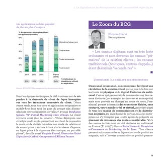L’omnicanal : le meilleur des deux mondes
Omnicanal, crosscanal… ces synonymes décrivent une
révolution de la relation client qui se joue à la fois sur
les fronts du physique et du digital. Évolution du multi-
canal d’antan qui permettait de commander sur des ca-
naux distincts (par exemple, sur internet et en magasin)
mais sans pouvoir en changer en cours de route, l’om-
nicanal permet désormais des transitions fluides, sans
coutures, entre mondes réel et virtuel, pour tirer parti
de tous les canaux de communication et de distribu-
tion existants. De quoi donner le vertige, mais les entre-
prises ne s’y trompent pas : cette approche présente un
gisement de croissance des ventes considérable. “45 %
des ventes de fnac.com ont été réalisées en multicanal
en France (T1 2015)”, illustre Katia Hersard, Directrice
e-Commerce et Marketing de la Fnac. “Les clients
peuvent soit commander en ligne et retirer le produit en
magasin, soit à l’inverse commander un produit person-
Pour les équipes techniques, le défi à relever est de ré-
pondre à la demande du client de façon homogène
sur tous les terminaux connectés du client. “Nous
avons rendu tous nos sites et applications responsive et
mobile-first dans tous les pays du groupe afin d'homo-
généiser notre proposition de valeur”, évoque Stéphanie
Çabale, VP Digital Marketing chez Orange. Le client
retrouve ainsi plus de pouvoir : “Nous déployons une
stratégie multi-accès permettant au client de reprendre
la main, et de choisir lui-même son mode de relation et
de souscription  : en face à face via le réseau d’agence,
en ligne grâce à la signature électronique, ou par télé-
phone”, détaille aussi Virginie Fauvel, Directrice Unité
Digitale et Market Management d’Allianz France.
Source : BCG-NICE Une perspective sur les parcours clients
Nicolas Harlé
Senior partner
« Les canaux digitaux sont en très forte
croissance et sont devenus les canaux “pri-
maires” de la relation clients  ; les canaux
traditionnels (boutiques, centres d’appels…)
étant désormais “secondaires” ».
 
Le Zoom du BCGLes applications mobiles gagnent
de plus en plus d’usagers
15
1. La digitalisation des entreprises en 2016 : les nouvelles règles du jeu
 