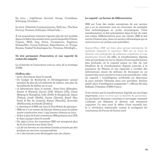 En 2014 : Lighthouse Security Group, CrossIdeas,
Silverpop, Cloudant, …
En 2013 : Fiberlink Communications, Xtify Inc., The Now
Factory, Trusteer, SoftLayer, UrbanCode, …
À ces acquisitions viennent s’ajouter plus de 100 sociétés
depuis le début des années 2000, parmi lesquelles Filenet,
Cognos, SPSS, Ilog, Unica, Coremetrics, Emptoris,
DemandTec, Curam Software, Algorithmics, i2, Tririga,
Kenexa, Tealeaf Technologies Inc. Vivisimo, Worklight,…
Un état permanent d’innovation et une capacité de
recherche inégalée
La recherche et l’innovation sont au cœur de la stratégie
d’IBM.
Chiffres clés :
• 3000 chercheurs dans le monde
• Un budget de Recherche et Développement annuel
mondial de plus de 5.8 milliards de dollars, soit plus de
63 milliards de dollars en 10 ans
• 12 laboratoires dans le monde : Etats-Unis (Almaden,
Austin  Watson), Austin (US), Watson (US), Chine
(Beijing  Shanghai), Inde (Delhi  Bangalore), Japon
(Tokyo), Israël (Haïfa), Suisse (Zürich), Brésil (Sao
Paolo  Rio de Janeiro), Kenya (Nairobi), Australie
(Melbourne), et Irlande (Dublin)
• 5 chercheurs d’IBM ont reçu le Prix Nobel de physique
• IBM est n°1 en termes de brevets obtenus pour la 23ème
année consécutive avec 7 355 brevets obtenus en 2015
• Grâce à plus de 8 500 inventeurs IBM présents aux USA
et dans 43 pays dans le monde
• De 1993 à 2014, les inventeurs IBM ont enregistré plus
de 81 500 brevets aux Etats-Unis
• 1/3 de ces brevets se concrétise l’année suivante par des
produits ou services commercialisés
• 10 % des brevets sont développés avec les clients
Le cognitif : un facteur de différenciation
IBM est l’une des seules entreprises de son secteur
qui a su se réinventer tout en traversant de multiples
ères technologiques et cycles économiques. Cette
transformation se fait précisément dans le but de créer
une valeur différenciatrice pour ses clients. IBM le fait
encore d’autant plus, dans un secteur informatique qui se
restructure à un rythme sans précédent.
Aujourd'hui, IBM est bien plus qu'une entreprise de
matériel, logiciels et services. IBM est en train de
devenir une entreprise de solutions cognitives et une
plateforme Cloud. En effet, la transformation digitale
n’est qu’une étape sur sur le chemin d’une transformation
plus profonde, où le cognitif jouera un rôle clé. Les
bénéfices de la transformation digitale associés à la
puissance de Watson et ses capacités à corréler des
informations issues de millions de document en un
instant très court ouvrent la voie à une nouvelle ère : celle
du cognitif. «  L’intelligence artificielle est désormais
là pour assister l’Homme dans son quotidien. Parlons
plutôt alors d’intelligence augmentée ! » affirme Nicolas
Sekkaki, Président d’IBM France.
Il est certain que la transformation digitale est une étape
importante, mais ce n'est pas la finalité du processus.
La prochaine décennie consistera à envisager comment
combiner ces éléments et devenir une entreprise
cognitive. Ce sera ainsi le début d’une nouvelle ère,
la 4° révolution industrielle comme le soulignent les
conclusions du Forum de Davos 2016.
Partenaires
165
 