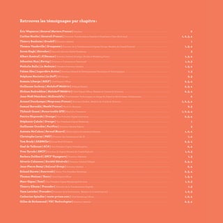 Éric Wepierre | General Mortors France | Président
Carline Huslin | Generali France | Directrice Transformation Digitale et Expérience Client Multicanal
Thierry Benhaim | Grosbill | Directeur Général
Thomas Vandeville | Groupama | Directeur de la Transformation Digitale Groupe, Membre du Comité Exécutif
Soren Hagh | Heineken | Executive Director Global Marketing
Albert Asséraf | JCDecaux | Directeur Général Stratégie, Études et Marketing France
Sébastien Hua | Kering | Directeur e-Commerce et Omnicanal
Nathalie Balla | La Redoute | Président-Directeur Général
Fabien Sfez | Lagardère Active | Directeur Général du Développement Numérique et Technologique
Stéphane Mariotto | Le Duff | DSI Groupe
Romain Liberge | MAIF | Chief Digital Officer
Guillaume Sarkozy | Malakoff Médéric | Délégué Général
Hicham Badreddine | Malakoff Médéric | Chief Digital Officer, Membre du Comité de Direction
Jean-Noël Pénichon | McDonald’s | Vice Président Technologies, en charge du Digital et des Systèmes d’Information
Arnaud Deschamps | Nespresso France | Directeur Général , Membre du Comité de Direction
Samuel Baroukh | Nestlé France | Head of e-Business
Thibault Gossé | Numericable SFR | Head of e-Commerce
Patrice Slupowski | Orange | Vice Président Digital Innovation
Stéphanie Çabale | Orange | Vice Présidente Digital Marketing
Guillaume Oreckin | Pacifica | Directeur Général Adjoint
Antonia McCahon | Pernod Ricard | Global Digital Acceleration Director
Christophe Leray | PMU | Directeur des Opérations et des SI
Tom Brady | SABMiller | Group Head Of Digital
Gael de Talhouet | SCA | Vice Président Digital Transformation
Yves Tyrode | SNCF | Directeur du Digital Membre du Comité Exécutif
Barbara Dalibard | SNCF Voyageurs | Directrice Générale
Séverin Cabannes | Société Générale | Directeur Général Délégué
Jean-Pierre Remy | SoLocal Group | Directeur Général
Roland Harste | Swarovski | Senior Vice President Marketing
Thomas Nielsen | Tesco | Chief Digital Officer
Marc Gigon | Total | Vice Président Digital Marketing & Services
Thierry Elkaim | Transdev | Directeur de la Transformation Digitale
Yann Leriche | Transdev | Directeur de la Performance, Membre du Comité Exécutif
Catherine Spindler | vente-privee.com | Chief Marketing Officer
Gilles de Richemond | VSC Technologies | Directeur Général
2
1, 2, 3, 4
1
1, 3, 4
3
1, 3, 4
1, 2, 3
1, 3, 4
1, 3
2, 3
2, 3, 4
2, 3, 4
2, 3, 4
2
1, 2, 3, 4
2, 3
1, 2, 3, 4
2, 3, 4
1
3
1, 2, 4
1, 4
2, 3, 4
2, 4
1, 2, 3
1, 3
2, 3, 4
2, 4
2, 3, 4
1, 3, 4
1, 2, 3
1, 3
1, 2, 3
1, 2, 4
2, 3, 4
Retrouvez les témoignages par chapitre:
 