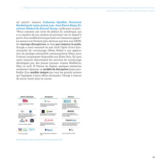 61
tal native”, observe Catherine Spindler, Directrice
Marketing de vente-privee.com. Jean-Pierre Remy, Di-
recteur Général de SoLocal Group, confie pour sa part :
“Nous sommes une sorte de phénix du numérique, qui
a su renaître de ses cendres en pivotant vers le digital à
partir d’un modèle historique basé sur l’annuaire papier”.
La menace est d’autant plus sérieuse que face aux GAFA,
les startups disruptrices ne font pas toujours le poids.
Google a ainsi annoncé en mai 2016 l’ajout d’une fonc-
tionnalité de covoiturage (Waze Rider) à son applica-
tion de guidage automobile communautaire Waze, pour
l’instant uniquement disponible aux États-Unis. De quoi
venir talonner directement les services de covoiturage
développés par des jeunes pousses comme BlaBlaCar,
Uber ou Lyft. À l’heure du digital, quelques semestres
seulement séparent un modèle de disruption hyper-pro-
fitable d’un modèle intégré par tous les grands acteurs
qui l’agrègent à leurs offres existantes. Charge à chacun
de savoir rester dans la course.
Les disrupteurs sont concurrencés sur leur propre marché
2. Malgré de nombreuses initiatives en mode expérimental en interne et en externe, les entreprises restent encore loin
des pure players et des attentes des clients
 