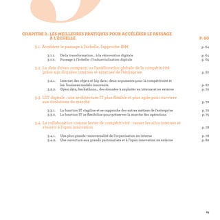 CHAPITRE 3 : LES MEILLEURES PRATIQUES POUR ACCÉLÉRER LE PASSAGE
À L’ÉCHELLE  P. 60
	 3.1. Accélérer le passage à l'échelle, l'approche IBM p. 64
		 3.1.1.	De la transformation… à la réinvention digitale	 p. 64
		 3.1.2.	Passage à l’échelle : l’industrialisation digitale	 p. 65
	 3.2. La data driven company, ou l’amélioration globale de la compétitivité
grâce aux données internes et externes de l’entreprise p. 67
		 3.2.1.	Internet des objets et big data : deux arguments pour la compétitivité et
les business models innovants	 p. 67
		 3.2.2.	 Open data, hackathons… des données à exploiter en interne et en externe	 p. 70
	 3.3. L’IT digitale : une architecture IT plus flexible et plus agile pour survivre
aux évolutions du marché p. 72
		 3.3.1.	La fonction IT s’agilise et se rapproche des autres métiers de l’entreprise	 p. 72
		 3.3.2.	La fonction IT se flexibilise pour préserver la marche des opérations p. 75
	 3.4. La collaboration comme levier de compétitivité : casser les silos internes et
s’ouvrir à l’open innovation p. 78
		 3.4.1.	 Une plus grande transversalité de l’organisation en interne	 p. 78
		 3.4.2.	Une ouverture aux grands partenariats et à l’open innovation en externe p. 82
3
63
 