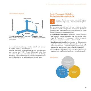 3. Les meilleures pratiques pour accélérer le passage à l’échelle
67
3.1.2. Passage à l’échelle :
l’industrialisation digitale
4
facteurs clés de succès sont à considérer pour
permettre le passage à l’échelle de l’entreprise :
1. Les plateformes
Les nouveaux entrants ont bâti leur réussites sur des
plateformes, c’est pourquoi les entreprises tradition-
nelles doivent réagir en construisant 3 types de plates
formes couplées et complémentaires :
• La plateforme industrielle (System of Record) recueille
les données transactionnelles. Ce patrimoine histo-
rique de l’entreprise va continuer à exister et devenir
de plus en plus « industrialisé » et normalisé.
• La plateforme digitale (ou System of Engagement)
capte les données externes. Son nombre est en aug-
mentation massive. L’innovation y est permanente, afin
d’améliorer la proximité client (interne ou externe).
• La plateforme cognitive (ou System of Insights) intègre
les fonctions analytiques et big data de l’organisation.
sans eux. Attention à ne pas tomber dans l’excès inverse
et donner dans le « gâchis digital ».
En effet, certaines organisations se sont lancées dans
une « course aux POCs » (Proof of Concept) qui se font
concurrence. Par une utilisation à outrance du Design
Thinking, certaines entreprises ont développé beaucoup
de POCs dont elles ne savent aujourd’hui que faire.
La réinvention digitale
Plateformes
 