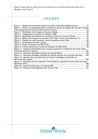 Etude d’impact dans le cadre du projet d’extension et de restructuration du Palais de la
Musique et des Congrès



                                         FIGURES
Figure 1 : Diagramme ombrothermique à la station d’Entzheim (Météo France) .............23
Figure 2 : Secteur de localisation pour la station de mesure de qualité de l’eau de la masse
d’eau souterraine des alluvions de la plaine d’Alsace ............................................26
Figure 3 : Profondeur de la nappe sur la zone d’étude ...........................................27
Figure 4 : Topographie du quartier du Wacken, 2008 ............................................27
Figure 5 : Répartition des habitats en terme de surface sur la zone d’étude. ................43
Figure 6 : Réseau de transport en commun (CTS, http://www.cts-strasbourg.fr/) ..........65
Figure 7 : Charges de trafic actuelles, heure de pointe du soir (CUS) .........................69
Figure 8 : Générateurs de trafic actuels ............................................................70
Figure 9 : Projet d’extension du PMC (CUS) ........................................................98
Figure 10 : Arbres présents sur la zone d’extension du PMC (CUS) .............................99
Figure 11 : Variantes potentielles pour l’accès au quartier et itinéraires de transit (zone
d’étude encerclée en jaune) ....................................................................... 102
Figure 12 : Nouveaux échanges contenus hors du périmètre .................................. 104
Figure 13 : Nouveaux échanges canalisés sur Wacken-Dresde et un nouveau barreau ..... 104
Figure 14 : Nouveau barreau reprenant le transit et échanges concentrées sur
Herrenschmidt "apaisé" .............................................................................. 105
Figure 15 : Nouveaux accès au quartier Tivoli pendant et après les travaux (plan de masse
décembre 2011) ...................................................................................... 106
Figure 16 : Accès livraisons pour le nouveau PMC ............................................... 107
Figure 17 : Principe d’aménagement des rives de l’Aar ........................................ 143
 