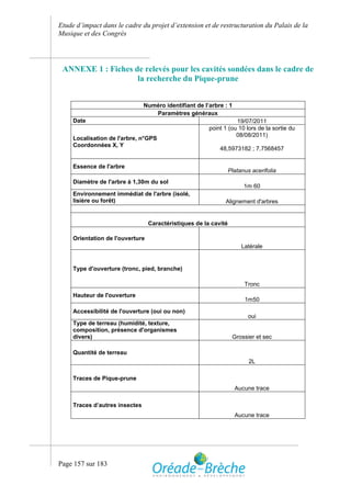 Etude d’impact dans le cadre du projet d’extension et de restructuration du Palais de la
Musique et des Congrès




 ANNEXE 1 : Fiches de relevés pour les cavités sondées dans le cadre de
                    la recherche du Pique-prune


                                Numéro identifiant de l’arbre : 1
                                   Paramètres généraux
     Date                                                          19/07/2011
                                                        point 1 (ou 10 lors de la sortie du
                                                                   08/08/2011)
     Localisation de l'arbre, n°GPS
     Coordonnées X, Y
                                                            48,5973182 ; 7,7568457


     Essence de l'arbre
                                                                  Platanus acerifolia
     Diamètre de l'arbre à 1,30m du sol
                                                                        1m 60
     Environnement immédiat de l'arbre (isolé,
     lisière ou forêt)                                        Alignement d'arbres


                                  Caractéristiques de la cavité

     Orientation de l'ouverture
                                                                       Latérale


     Type d'ouverture (tronc, pied, branche)

                                                                        Tronc
     Hauteur de l'ouverture
                                                                        1m50

     Accessibilité de l'ouverture (oui ou non)
                                                                         oui
     Type de terreau (humidité, texture,
     composition, présence d'organismes
     divers)                                                       Grossier et sec

     Quantité de terreau
                                                                          2L

     Traces de Pique-prune
                                                                    Aucune trace

     Traces d’autres insectes
                                                                    Aucune trace




Page 157 sur 183
 