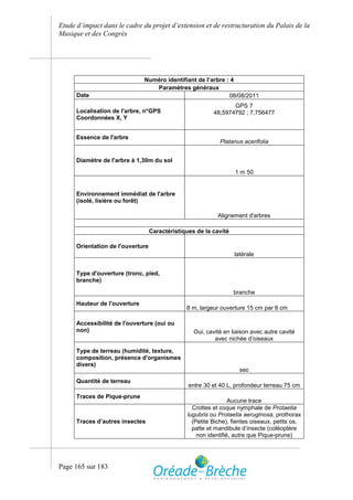 Etude d’impact dans le cadre du projet d’extension et de restructuration du Palais de la
Musique et des Congrès




                               Numéro identifiant de l’arbre : 4
                                  Paramètres généraux
      Date                                                    08/08/2011
                                                                 GPS 7
      Localisation de l'arbre, n°GPS                      48,5974792 ; 7,756477
      Coordonnées X, Y


      Essence de l'arbre
                                                             Platanus acerifolia


      Diamètre de l'arbre à 1,30m du sol

                                                                   1 m 50


      Environnement immédiat de l'arbre
      (isolé, lisière ou forêt)

                                                            Alignement d'arbres

                                   Caractéristiques de la cavité

      Orientation de l'ouverture
                                                                   latérale


      Type d'ouverture (tronc, pied,
      branche)

                                                                   branche
      Hauteur de l'ouverture
                                                8 m, largeur ouverture 15 cm par 8 cm

      Accessibilité de l'ouverture (oui ou
      non)                                         Oui, cavité en liaison avec autre cavité
                                                           avec nichée d’oiseaux

      Type de terreau (humidité, texture,
      composition, présence d'organismes
      divers)
                                                                     sec
      Quantité de terreau
                                                 entre 30 et 40 L, profondeur terreau 75 cm
      Traces de Pique-prune
                                                                 Aucune trace
                                                  Crottes et coque nymphale de Protaetia
                                                lugubris ou Protaetia aeruginosa, prothorax
      Traces d’autres insectes                    (Petite Biche), fientes oiseaux, petits os,
                                                  patte et mandibule d’insecte (coléoptère
                                                    non identifié, autre que Pique-prune)




Page 165 sur 183
 