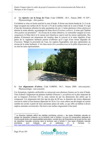 Etude d’impact dans le cadre du projet d’extension et de restructuration du Palais de la
Musique et des Congrès



a)    La ripisylve sur la berge de l’Aar. Code CORINE : 44.3 ; Natura 2000 : 91 E0* ;
      Phytosociologie : Alno-padion.
Cet habitat se situe en limite nord de la zone d’étude. Il forme une étroite bande de 2 à 3 m de
large occupant une surface de 0,1 ha soit 1,3% de la surface totale de la zone d’étude. Il s’agit
d’une des formations arborées les plus spontanées du site. L’aulne glutineux (Alnus glutinosa)
domine la strate arborée, accompagné du frêne élevé (Fraxinus exelsior). A noter que l’habitat
Alno-padion est prioritaire26. Au niveau de la strate arbustive, le cornouiller sanguin (Cornus
sanguinea), le frêne élevé et le sureau noir (Sambucus nigra) sont les mieux représentés. Des
plantes d’ornement ont néanmoins été insérées dans le couvert et la tonte régulière d’une
partie de la végétation herbacée permet d’affirmer qu’il s’agit d’une forme dégradée du
Fraxinion. Malgré la proximité de l’eau, les espèces hygrophiles sont peu représentées au
niveau de la strate herbacée. L’iris faux-acore (Iris pseudoacorus) et la prêle (Equisetum sp.)
en sont les rares représentantes.




b)    Les alignements d’arbres. Code CORINE : 84.1 ; Natura 2000 : non-concerné ;
      Phytosociologie : non-concerné.
Ces formations végétales artificielles se retrouvent sous plusieurs formes sur la zone d’étude.
Tout d’abord l’alignement de platanes hybride (Platanus x acerifolia) est le plus imposant de
par sa longueur d’environ 325 m, mais surtout de par les dimensions des arbres qui le
composent. Cet alignement doit être âgé de plus de 80 ans, le diamètre des troncs dépassant
souvent le mètre et leur hauteur dépassant les 20 m. Ces vieux arbres ont développé un certain
nombre de cavités à partir de leurs anciennes plaies de taille, ce qui offre un habitat à divers
espèces animales cavernicoles. On trouve une surface engazonnée à leur pied.



26
   La Directive Habitats définit les habitats prioritaires comme « les types d'habitats naturels en
danger de disparition présents sur le territoire visé à l'article 2 et pour la conservation desquels la
Communauté porte une responsabilité particulière, compte tenu de l'importance de la part de leur aire
de répartition naturelle comprise dans le territoire visé à l'article 2. Ces types d'habitats naturels
prioritaires     sont       indiqués      par      un       astérisque     (*)     à   l'annexe     I ».
http://inpn.mnhn.fr/docs/natura2000/Directive_habitats_version_consolidee_2007.pdf



Page 39 sur 183
 