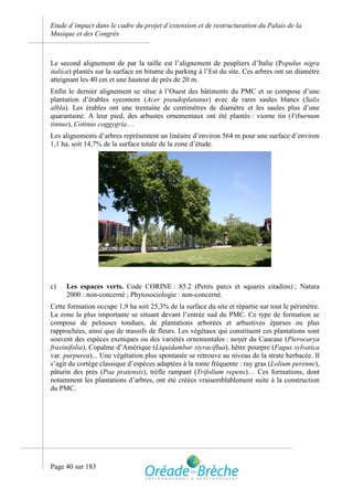 Etude d’impact dans le cadre du projet d’extension et de restructuration du Palais de la
Musique et des Congrès



Le second alignement de par la taille est l’alignement de peupliers d’Italie (Populus nigra
italica) plantés sur la surface en bitume du parking à l’Est du site. Ces arbres ont un diamètre
atteignant les 40 cm et une hauteur de près de 20 m.
Enfin le dernier alignement se situe à l’Ouest des bâtiments du PMC et se compose d’une
plantation d’érables sycomore (Acer pseudoplatanus) avec de rares saules blancs (Salix
albla). Les érables ont une trentaine de centimètres de diamètre et les saules plus d’une
quarantaine. A leur pied, des arbustes ornementaux ont été plantés : viorne tin (Viburnum
tinnus), Cotinus coggygria…
Les alignements d’arbres représentent un linéaire d’environ 564 m pour une surface d’environ
1,1 ha, soit 14,7% de la surface totale de la zone d’étude.




c)   Les espaces verts. Code CORINE : 85.2 (Petits parcs et squares citadins) ; Natura
     2000 : non-concerné ; Phytosociologie : non-concerné.
Cette formation occupe 1,9 ha soit 25,3% de la surface du site et répartie sur tout le périmètre.
La zone la plus importante se situant devant l’entrée sud du PMC. Ce type de formation se
compose de pelouses tondues, de plantations arborées et arbustives éparses ou plus
rapprochées, ainsi que de massifs de fleurs. Les végétaux qui constituent ces plantations sont
souvent des espèces exotiques ou des variétés ornementales : noyer du Caucase (Pterocarya
fraxinifolia), Copalme d’Amérique (Liquidambar styraciflua), hêtre pourpre (Fagus sylvatica
var. purpurea)... Une végétation plus spontanée se retrouve au niveau de la strate herbacée. Il
s’agit du cortège classique d’espèces adaptées à la tonte fréquente : ray gras (Lolium perenne),
pâturin des prés (Poa pratensis), trèfle rampant (Trifolium repens)… Ces formations, dont
notamment les plantations d’arbres, ont été créées vraisemblablement suite à la construction
du PMC.




Page 40 sur 183
 