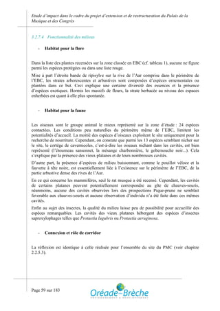 Etude d’impact dans le cadre du projet d’extension et de restructuration du Palais de la
Musique et des Congrès


3.2.7.4 Fonctionnalité des milieux

   -   Habitat pour la flore


Dans la liste des plantes recensées sur la zone classée en EBC (cf. tableau 1), aucune ne figure
parmi les espèces protégées ou dans une liste rouge.
Mise à part l’étroite bande de ripisylve sur la rive de l’Aar comprise dans le périmètre de
l’EBC, les strates arborescentes et arbustives sont composées d’espèces ornementales ou
plantées dans ce but. Ceci explique une certaine diversité des essences et la présence
d’espèces exotiques. Hormis les massifs de fleurs, la strate herbacée au niveau des espaces
enherbées est quant à elle plus spontanée.


   -   Habitat pour la faune


Les oiseaux sont le groupe animal le mieux représenté sur la zone d’étude : 24 espèces
contactées. Les conditions peu naturelles du périmètre même de l’EBC, limitent les
potentialités d’accueil. La moitié des espèces d’oiseaux exploitent le site uniquement pour la
recherche de nourriture. Cependant, on constate que parmi les 13 espèces semblant nicher sur
le site, le cortège de cavernicoles, c’est-à-dire les oiseaux nichant dans les cavités, est bien
représenté (l’étourneau sansonnet, la mésange charbonnière, le gobemouche noir...). Cela
s’explique par la présence des vieux platanes et de leurs nombreuses cavités.
D’autre part, la présence d’espèces de milieu buissonnant, comme le pouillot véloce et la
fauvette à tête noire, est essentiellement liée à l’existence sur le périmètre de l’EBC, de la
partie arbustive dense des rives de l’Aar.
En ce qui concerne les mammifères, seul le rat musqué a été recensé. Cependant, les cavités
de certains platanes peuvent potentiellement correspondre au gîte de chauves-souris,
néanmoins, aucune des cavités observées lors des prospections Pique-prune ne semblait
favorable aux chauves-souris et aucune observation d’individu n’a été faite dans ces mêmes
cavités.
Enfin au sujet des insectes, la qualité du milieu laisse peu de possibilité pour accueillir des
espèces remarquables. Les cavités des vieux platanes hébergent des espèces d’insectes
saproxylophages telles que Protaetia lugubris ou Protaetia aeruginosa.


   -   Connexion et rôle de corridor


La réflexion est identique à celle réalisée pour l’ensemble du site du PMC (voir chapitre
2.2.5.3).




Page 59 sur 183
 