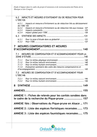 Etude d’impact dans le cadre du projet d’extension et de restructuration du Palais de la
Musique et des Congrès



  6.2 IMPACTS ET MESURES D’EVITEMENT OU DE REDUCTION POUR
  L’EBC126
    6.2.1    Impacts et mesures d’évitement ou de réduction liés au déclassement
    de l’EBC 126
    6.2.2    Impacts et mesures d’évitement ou de réduction liés aux travaux 127
    6.2.3    Impacts cumulatifs ......................................................... 129
    6.2.4    Impact global pour l’EBC .................................................. 130
  6.3    SYNTHESE DES IMPACTS .............................................131
    6.3.1     Pour la zone d’étude dans sa globalité ................................. 131
    6.3.2     Pour l’EBC ................................................................... 137

7 MESURES COMPENSATOIRES ET MESURES
D’ACCOMPAGNEMENT ............................................ 140
  7.1 MESURES DE COMPENSATION ET D’ACOMMPAGNEMENT POUR LA
  ZONE D’ETUDE ...............................................................140
    7.1.1  Pour le milieu physique environnant ....................................        140
    7.1.2  Pour le milieu naturel environnant ......................................       140
    7.1.3  Pour le milieu humain environnant ......................................        145
    7.1.4  Evaluation sommaire des coûts des mesures compensatoires et
    d’accompagnement ...................................................................   145
  7.2 MESURES DE COMPENSATION ET D’ACCOMPAGNEMENT POUR
  L’EBC146
    7.2.1     Pour le milieu naturel environnant ...................................... 146
    7.2.2     Pour le milieu humain environnant ...................................... 146

8 SYNTHESE ...................................................... 149
ANNEXES............................................................ 155
ANNEXE 1 : Fiches de relevés pour les cavités sondées dans
le cadre de la recherche du Pique-prune ................... 157
ANNEXE 1bis : Observations du Pique-prune en Alsace .. 171
ANNEXE 2 : Liste des espèces floristiques recensées ..... 173
ANNEXE 3 : Liste des espèces faunistiques recensées .... 175
 