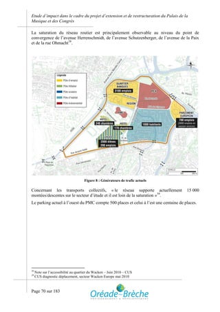 Etude d’impact dans le cadre du projet d’extension et de restructuration du Palais de la
Musique et des Congrès

La saturation du réseau routier est principalement observable au niveau du point de
convergence de l’avenue Herrenschmidt, de l’avenue Schutzenberger, de l’avenue de la Paix
et de la rue Ohmacht38.




                                     Figure 8 : Générateurs de trafic actuels

Concernant les transports collectifs, « le réseau supporte actuellement                15 000
montées/descentes sur le secteur d’étude et il est loin de la saturation »39.
Le parking actuel à l’ouest du PMC compte 500 places et celui à l’est une centaine de places.




38
     Note sur l’accessibilité au quartier du Wacken – Juin 2010 – CUS
39
     CUS diagnostic déplacement, secteur Wacken Europe mai 2010



Page 70 sur 183
 