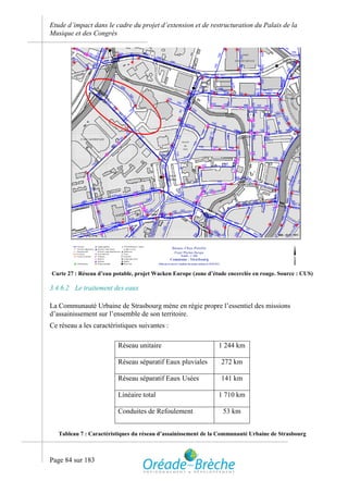 Etude d’impact dans le cadre du projet d’extension et de restructuration du Palais de la
Musique et des Congrès




Carte 27 : Réseau d’eau potable, projet Wacken Europe (zone d’étude encerclée en rouge. Source : CUS)

3.4.6.2 Le traitement des eaux

La Communauté Urbaine de Strasbourg mène en régie propre l’essentiel des missions
d’assainissement sur l’ensemble de son territoire.
Ce réseau a les caractéristiques suivantes :

                         Réseau unitaire                        1 244 km

                         Réseau séparatif Eaux pluviales         272 km

                         Réseau séparatif Eaux Usées             141 km

                         Linéaire total                         1 710 km

                         Conduites de Refoulement                 53 km


   Tableau 7 : Caractéristiques du réseau d’assainissement de la Communauté Urbaine de Strasbourg



Page 84 sur 183
 