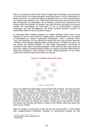 Mais il ne semble pas per
sur le lien social à une simple estimation quantitative (plus ou moins d’
réseau
une chaine d’intermédiaires,
liées d'intégration, de participation et de cohésion, puissent être exprimés par une
simple mesure est simpliste. La question est plutôt de savoir quel type de structures
sociales les technologie
encourager, soit quel aménagement des entités sociales (individus, groupes, et
collectivités) reflète le mieux la société en réseau.
Le sociologue Barry Wellman propose un modèle théorique centré autour d
transition en cours d'une société de
d’"individualisme en réseau
"pure
– familles, communautés professionnelles, groupes locaux.
ces univers, les individus affichent un haut degré d'homophilie, d'uniformité et
d’adhésion à des valeurs cu
liens forts
fréquence d'interaction. Toute tentative de sortir métaphoriquement de ces boîtes
coupe le lien social e
Face à la montée de la technologie communicationnelle ambiante, une autre structure
sociale semble s'imposer
sociétal, le contexte d'interaction humaine serait représenté par un ensemble d'entités
éparpill
autant des
interpersonnelles moins fréquentes ou moins intenses (fig.
parler de
qui unissent les individus connectés en réseau, et qui diffèrent selon leur poids, leur
nature et leur solidité
Selon ce modèle, on serait alors en train de vivre une autre t
faite d'agglomérations étroitement soudées, et exclusivement basées sur des
1
Wellman 2000
2
Casilli 2010b.
Mais il ne semble pas per
sur le lien social à une simple estimation quantitative (plus ou moins d’
réseau personnel, un nombre de degrés de séparation plus ou moins important dans
une chaine d’intermédiaires,
liées d'intégration, de participation et de cohésion, puissent être exprimés par une
simple mesure est simpliste. La question est plutôt de savoir quel type de structures
sociales les technologie
encourager, soit quel aménagement des entités sociales (individus, groupes, et
collectivités) reflète le mieux la société en réseau.
Le sociologue Barry Wellman propose un modèle théorique centré autour d
transition en cours d'une société de
individualisme en réseau
pure" de société (fig.
familles, communautés professionnelles, groupes locaux.
ces univers, les individus affichent un haut degré d'homophilie, d'uniformité et
d’adhésion à des valeurs cu
liens forts, relations interpersonnelles fondées sur loyauté, proximité émotionnelle et
fréquence d'interaction. Toute tentative de sortir métaphoriquement de ces boîtes
coupe le lien social e
Face à la montée de la technologie communicationnelle ambiante, une autre structure
sociale semble s'imposer
sociétal, le contexte d'interaction humaine serait représenté par un ensemble d'entités
éparpillées, connectées par une multiplicité de relations interpersonnelles relevant
autant des liens forts
interpersonnelles moins fréquentes ou moins intenses (fig.
parler de "lien social
qui unissent les individus connectés en réseau, et qui diffèrent selon leur poids, leur
nature et leur solidité
Selon ce modèle, on serait alors en train de vivre une autre t
faite d'agglomérations étroitement soudées, et exclusivement basées sur des
Wellman 2000 ; Ranie & Wellman 2012.
Casilli 2010b.
Mais il ne semble pas pertinent de réduire l’impact des technologies communicantes
sur le lien social à une simple estimation quantitative (plus ou moins d’
personnel, un nombre de degrés de séparation plus ou moins important dans
une chaine d’intermédiaires,
liées d'intégration, de participation et de cohésion, puissent être exprimés par une
simple mesure est simpliste. La question est plutôt de savoir quel type de structures
sociales les technologies de l'information et de la communication semblent
encourager, soit quel aménagement des entités sociales (individus, groupes, et
collectivités) reflète le mieux la société en réseau.
Le sociologue Barry Wellman propose un modèle théorique centré autour d
transition en cours d'une société de
individualisme en réseau
de société (fig. 10), tout individu est intégré dans des univers sociaux étanches
familles, communautés professionnelles, groupes locaux.
ces univers, les individus affichent un haut degré d'homophilie, d'uniformité et
d’adhésion à des valeurs cu
, relations interpersonnelles fondées sur loyauté, proximité émotionnelle et
fréquence d'interaction. Toute tentative de sortir métaphoriquement de ces boîtes
coupe le lien social et installe l'atomisation et l'anomie.
FigureFigureFigureFigure
Face à la montée de la technologie communicationnelle ambiante, une autre structure
sociale semble s'imposer
sociétal, le contexte d'interaction humaine serait représenté par un ensemble d'entités
ées, connectées par une multiplicité de relations interpersonnelles relevant
liens forts que des
interpersonnelles moins fréquentes ou moins intenses (fig.
n social" au singulier pour porter un regard sur les
qui unissent les individus connectés en réseau, et qui diffèrent selon leur poids, leur
nature et leur solidité
2
.
Selon ce modèle, on serait alors en train de vivre une autre t
faite d'agglomérations étroitement soudées, et exclusivement basées sur des
; Ranie & Wellman 2012.
tinent de réduire l’impact des technologies communicantes
sur le lien social à une simple estimation quantitative (plus ou moins d’
personnel, un nombre de degrés de séparation plus ou moins important dans
une chaine d’intermédiaires, etc.). L'idée même que le lien social, ainsi que les notions
liées d'intégration, de participation et de cohésion, puissent être exprimés par une
simple mesure est simpliste. La question est plutôt de savoir quel type de structures
s de l'information et de la communication semblent
encourager, soit quel aménagement des entités sociales (individus, groupes, et
collectivités) reflète le mieux la société en réseau.
Le sociologue Barry Wellman propose un modèle théorique centré autour d
transition en cours d'une société de
individualisme en réseau" (networked individualism
), tout individu est intégré dans des univers sociaux étanches
familles, communautés professionnelles, groupes locaux.
ces univers, les individus affichent un haut degré d'homophilie, d'uniformité et
d’adhésion à des valeurs culturelles partagées. Le lien social est alors tissé à partir de
, relations interpersonnelles fondées sur loyauté, proximité émotionnelle et
fréquence d'interaction. Toute tentative de sortir métaphoriquement de ces boîtes
t installe l'atomisation et l'anomie.
FigureFigureFigureFigure 10101010 –––– Modèle des petites boîtesModèle des petites boîtesModèle des petites boîtesModèle des petites boîtes
Source
Face à la montée de la technologie communicationnelle ambiante, une autre structure
sociale semble s'imposer : l'individualisme en réseau. Dans cet aménagement
sociétal, le contexte d'interaction humaine serait représenté par un ensemble d'entités
ées, connectées par une multiplicité de relations interpersonnelles relevant
que des liens faibles
interpersonnelles moins fréquentes ou moins intenses (fig.
au singulier pour porter un regard sur les
qui unissent les individus connectés en réseau, et qui diffèrent selon leur poids, leur
Selon ce modèle, on serait alors en train de vivre une autre t
faite d'agglomérations étroitement soudées, et exclusivement basées sur des
; Ranie & Wellman 2012.
132
tinent de réduire l’impact des technologies communicantes
sur le lien social à une simple estimation quantitative (plus ou moins d’
personnel, un nombre de degrés de séparation plus ou moins important dans
etc.). L'idée même que le lien social, ainsi que les notions
liées d'intégration, de participation et de cohésion, puissent être exprimés par une
simple mesure est simpliste. La question est plutôt de savoir quel type de structures
s de l'information et de la communication semblent
encourager, soit quel aménagement des entités sociales (individus, groupes, et
collectivités) reflète le mieux la société en réseau.
Le sociologue Barry Wellman propose un modèle théorique centré autour d
transition en cours d'une société de "petites boîtes
networked individualism
), tout individu est intégré dans des univers sociaux étanches
familles, communautés professionnelles, groupes locaux.
ces univers, les individus affichent un haut degré d'homophilie, d'uniformité et
lturelles partagées. Le lien social est alors tissé à partir de
, relations interpersonnelles fondées sur loyauté, proximité émotionnelle et
fréquence d'interaction. Toute tentative de sortir métaphoriquement de ces boîtes
t installe l'atomisation et l'anomie.
Modèle des petites boîtesModèle des petites boîtesModèle des petites boîtesModèle des petites boîtes
Source : Casilli 2010b
Face à la montée de la technologie communicationnelle ambiante, une autre structure
: l'individualisme en réseau. Dans cet aménagement
sociétal, le contexte d'interaction humaine serait représenté par un ensemble d'entités
ées, connectées par une multiplicité de relations interpersonnelles relevant
liens faibles, ces derniers désignant des relations
interpersonnelles moins fréquentes ou moins intenses (fig.
au singulier pour porter un regard sur les
qui unissent les individus connectés en réseau, et qui diffèrent selon leur poids, leur
Selon ce modèle, on serait alors en train de vivre une autre t
faite d'agglomérations étroitement soudées, et exclusivement basées sur des
tinent de réduire l’impact des technologies communicantes
sur le lien social à une simple estimation quantitative (plus ou moins d’
personnel, un nombre de degrés de séparation plus ou moins important dans
etc.). L'idée même que le lien social, ainsi que les notions
liées d'intégration, de participation et de cohésion, puissent être exprimés par une
simple mesure est simpliste. La question est plutôt de savoir quel type de structures
s de l'information et de la communication semblent
encourager, soit quel aménagement des entités sociales (individus, groupes, et
collectivités) reflète le mieux la société en réseau.
Le sociologue Barry Wellman propose un modèle théorique centré autour d
petites boîtes" (small boxes
networked individualism)
1
. Dans la première forme
), tout individu est intégré dans des univers sociaux étanches
familles, communautés professionnelles, groupes locaux.
ces univers, les individus affichent un haut degré d'homophilie, d'uniformité et
lturelles partagées. Le lien social est alors tissé à partir de
, relations interpersonnelles fondées sur loyauté, proximité émotionnelle et
fréquence d'interaction. Toute tentative de sortir métaphoriquement de ces boîtes
t installe l'atomisation et l'anomie.
Modèle des petites boîtesModèle des petites boîtesModèle des petites boîtesModèle des petites boîtes
: Casilli 2010b
Face à la montée de la technologie communicationnelle ambiante, une autre structure
: l'individualisme en réseau. Dans cet aménagement
sociétal, le contexte d'interaction humaine serait représenté par un ensemble d'entités
ées, connectées par une multiplicité de relations interpersonnelles relevant
, ces derniers désignant des relations
interpersonnelles moins fréquentes ou moins intenses (fig.
au singulier pour porter un regard sur les
qui unissent les individus connectés en réseau, et qui diffèrent selon leur poids, leur
Selon ce modèle, on serait alors en train de vivre une autre t
faite d'agglomérations étroitement soudées, et exclusivement basées sur des
tinent de réduire l’impact des technologies communicantes
sur le lien social à une simple estimation quantitative (plus ou moins d’
personnel, un nombre de degrés de séparation plus ou moins important dans
etc.). L'idée même que le lien social, ainsi que les notions
liées d'intégration, de participation et de cohésion, puissent être exprimés par une
simple mesure est simpliste. La question est plutôt de savoir quel type de structures
s de l'information et de la communication semblent
encourager, soit quel aménagement des entités sociales (individus, groupes, et
Le sociologue Barry Wellman propose un modèle théorique centré autour d
small boxes) vers une société
. Dans la première forme
), tout individu est intégré dans des univers sociaux étanches
familles, communautés professionnelles, groupes locaux. À l'intérieur de chacun de
ces univers, les individus affichent un haut degré d'homophilie, d'uniformité et
lturelles partagées. Le lien social est alors tissé à partir de
, relations interpersonnelles fondées sur loyauté, proximité émotionnelle et
fréquence d'interaction. Toute tentative de sortir métaphoriquement de ces boîtes
Modèle des petites boîtesModèle des petites boîtesModèle des petites boîtesModèle des petites boîtes
Face à la montée de la technologie communicationnelle ambiante, une autre structure
: l'individualisme en réseau. Dans cet aménagement
sociétal, le contexte d'interaction humaine serait représenté par un ensemble d'entités
ées, connectées par une multiplicité de relations interpersonnelles relevant
, ces derniers désignant des relations
interpersonnelles moins fréquentes ou moins intenses (fig. 11). On cesse alors de
au singulier pour porter un regard sur les "liens sociaux
qui unissent les individus connectés en réseau, et qui diffèrent selon leur poids, leur
Selon ce modèle, on serait alors en train de vivre une autre transition
faite d'agglomérations étroitement soudées, et exclusivement basées sur des
tinent de réduire l’impact des technologies communicantes
sur le lien social à une simple estimation quantitative (plus ou moins d’alters dans un
personnel, un nombre de degrés de séparation plus ou moins important dans
etc.). L'idée même que le lien social, ainsi que les notions
liées d'intégration, de participation et de cohésion, puissent être exprimés par une
simple mesure est simpliste. La question est plutôt de savoir quel type de structures
s de l'information et de la communication semblent
encourager, soit quel aménagement des entités sociales (individus, groupes, et
Le sociologue Barry Wellman propose un modèle théorique centré autour d
) vers une société
. Dans la première forme
), tout individu est intégré dans des univers sociaux étanches
l'intérieur de chacun de
ces univers, les individus affichent un haut degré d'homophilie, d'uniformité et
lturelles partagées. Le lien social est alors tissé à partir de
, relations interpersonnelles fondées sur loyauté, proximité émotionnelle et
fréquence d'interaction. Toute tentative de sortir métaphoriquement de ces boîtes
Face à la montée de la technologie communicationnelle ambiante, une autre structure
: l'individualisme en réseau. Dans cet aménagement
sociétal, le contexte d'interaction humaine serait représenté par un ensemble d'entités
ées, connectées par une multiplicité de relations interpersonnelles relevant
, ces derniers désignant des relations
). On cesse alors de
liens sociaux" pluriels
qui unissent les individus connectés en réseau, et qui diffèrent selon leur poids, leur
ransition : d'une société
faite d'agglomérations étroitement soudées, et exclusivement basées sur des
tinent de réduire l’impact des technologies communicantes
dans un
personnel, un nombre de degrés de séparation plus ou moins important dans
etc.). L'idée même que le lien social, ainsi que les notions
liées d'intégration, de participation et de cohésion, puissent être exprimés par une
simple mesure est simpliste. La question est plutôt de savoir quel type de structures
s de l'information et de la communication semblent
encourager, soit quel aménagement des entités sociales (individus, groupes, et
Le sociologue Barry Wellman propose un modèle théorique centré autour de la
) vers une société
. Dans la première forme
), tout individu est intégré dans des univers sociaux étanches
l'intérieur de chacun de
ces univers, les individus affichent un haut degré d'homophilie, d'uniformité et
lturelles partagées. Le lien social est alors tissé à partir de
, relations interpersonnelles fondées sur loyauté, proximité émotionnelle et
fréquence d'interaction. Toute tentative de sortir métaphoriquement de ces boîtes
Face à la montée de la technologie communicationnelle ambiante, une autre structure
: l'individualisme en réseau. Dans cet aménagement
sociétal, le contexte d'interaction humaine serait représenté par un ensemble d'entités
ées, connectées par une multiplicité de relations interpersonnelles relevant
, ces derniers désignant des relations
). On cesse alors de
pluriels
qui unissent les individus connectés en réseau, et qui diffèrent selon leur poids, leur
: d'une société
faite d'agglomérations étroitement soudées, et exclusivement basées sur des
 