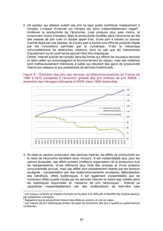 64
2. Un secteur qui abaisse autant ses prix ne peut guère contribuer massivement à
l'emploi. L'impact d'internet sur l'emploi est donc vraisemblablement négatif
1
.
Améliorer la productivité de l'économie, c'est produire plus avec moins, et
notamment moins d'emplois. Mais la productivité insufflée dans l'économie du fait
des baisses de prix crée un double appel d'air, d'une part à travers un pouvoir
d'achat dopé par ces baisses, et d'autre part à travers une offre de produits dopée
par les innovations permises par le numérique. C'est la mécanique
schumpétérienne de destruction créatrice, dont on sait que les mécanismes
d'ajustement sur le court terme peuvent être très chaotiques.
Certes, internet suscite de l'emploi dans les firmes qui offrent de nouveaux services
et dans celles qui accompagnent le fonctionnement du réseau, mais ces créations
sont malheureusement inférieures à celles qui résultent des gains de productivité
interne aux réseaux et aux prestataires de services traditionnels.
FigureFigureFigureFigure 6666 –––– ÉÉÉÉvolution des prix des services de télécommunications en France devolution des prix des services de télécommunications en France devolution des prix des services de télécommunications en France devolution des prix des services de télécommunications en France de
1990 à 20121990 à 20121990 à 20121990 à 2012 comparée à l'évolution globale des prixcomparée à l'évolution globale des prixcomparée à l'évolution globale des prixcomparée à l'évolution globale des prix (indices de prix INSEE(indices de prix INSEE(indices de prix INSEE(indices de prix INSEE ––––
ensemble des ménages métropole et DOM, base 199ensemble des ménages métropole et DOM, base 199ensemble des ménages métropole et DOM, base 199ensemble des ménages métropole et DOM, base 1990 recalculée0 recalculée0 recalculée0 recalculée))))
3. Au-delà du secteur producteur des services internet, les effets de productivité sur
le reste de l'économie semblent donc mineurs
2
. Il est vraisemblable que, pour les
raisons évoquées, ces effets existent (meilleure organisation de la production fruit
de réorganisations, d'une efficience plus forte des process et d'une pression
concurrentielle accrue), mais ces effets sont probablement obérés par les facteurs
soulignés : compensation par des dysfonctionnements corollaires, délocalisation
des bénéfices, effets systémiques. Il est également vraisemblable que de
nombreux effets qualité induits par les services internet ne soient pas visibles dans
les statistiques disponibles en l'absence de prix hédoniques
3
. Internet se
caractérise vraisemblablement par des améliorations de bien-être (des
1
Les travaux conduits en matière d'emploi se heurtent à la difficulté d'identifier les emplois perdus,
par substitution d'emplois.
2
Rappelons que la productivité mesure des effets en volume, et non en valeur.
3
Les indices de prix hédoniques tentent de saisir les évolutions des prix à qualité ou performances
constantes.
60
70
80
90
100
110
120
130
140
150
2012
2012
2011
2010
2009
2009
2008
2007
2006
2006
2005
2004
2003
2003
2002
2001
2000
2000
1999
1998
1997
1997
1996
1995
1994
1994
1993
1992
1991
1991
1990
Prix desservicesde
télécommunications
Indice des prix global
 